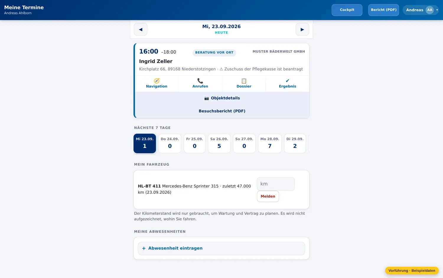 Der Außendienst sieht nur seinen Tag – auf dem Handy – Muster Bäderwelt GmbH
