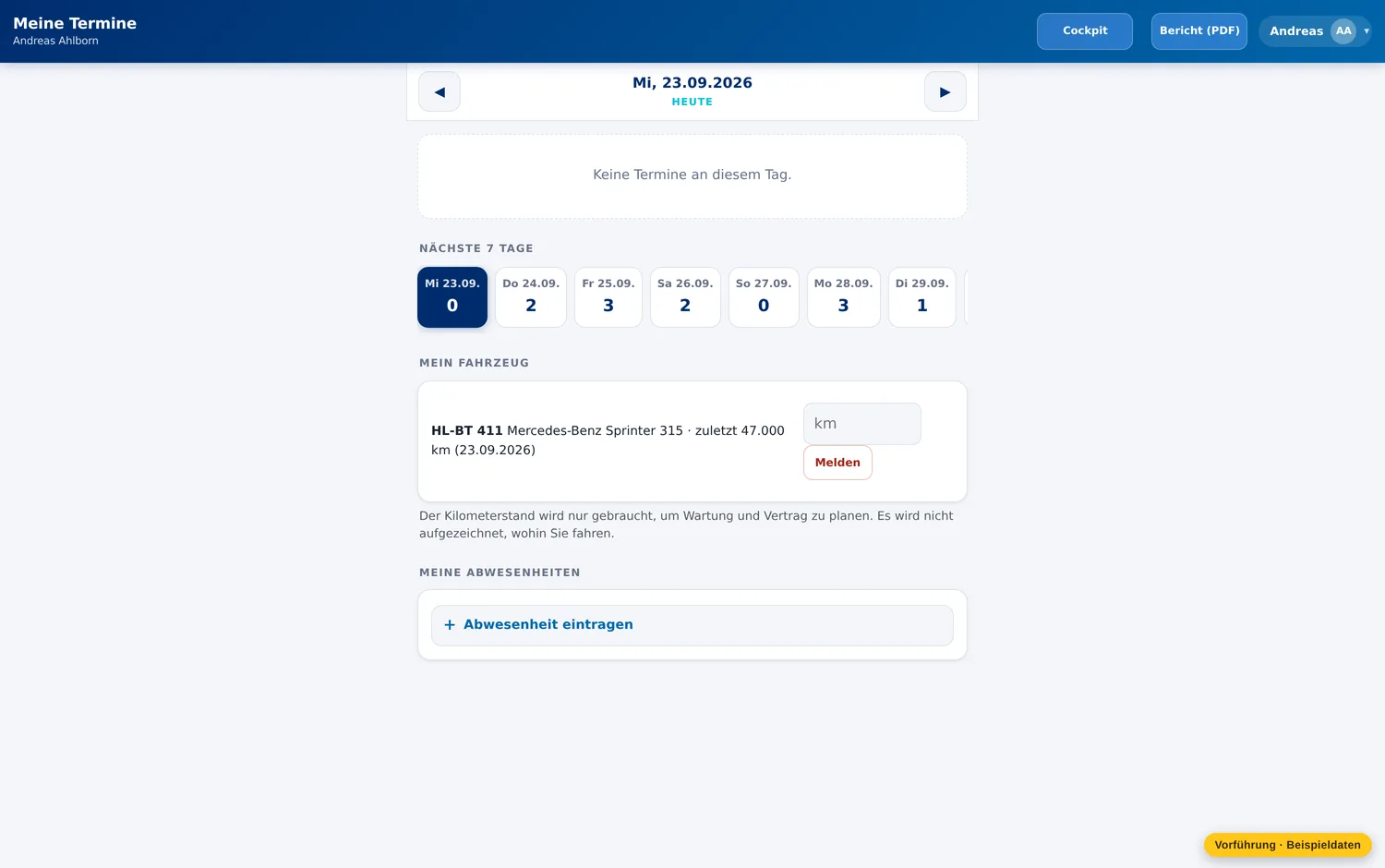 Der Außendienst sieht nur seinen Tag – auf dem Handy – Muster Finanzkontor GmbH