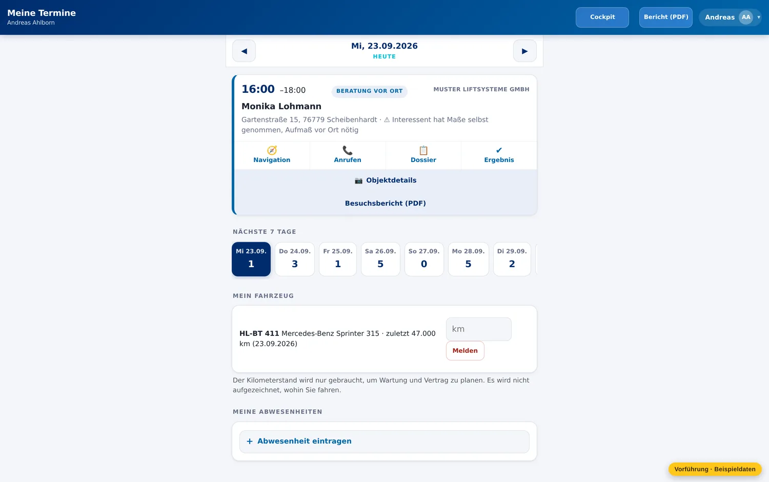 Der Außendienst sieht nur seinen Tag – auf dem Handy – Muster Liftsysteme GmbH